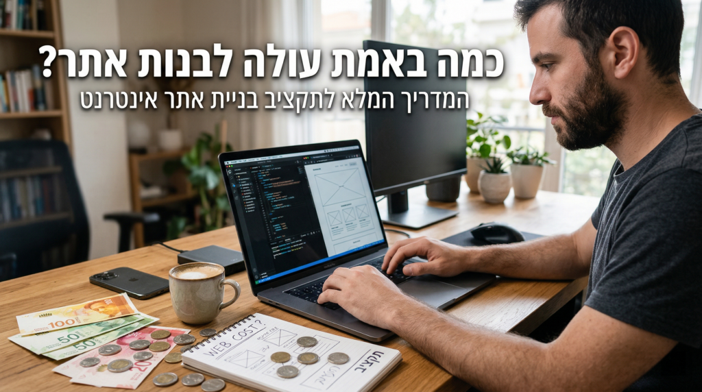 מפתח אתרים מחשב תקציב עם כסף ישראלי על השולחן.
